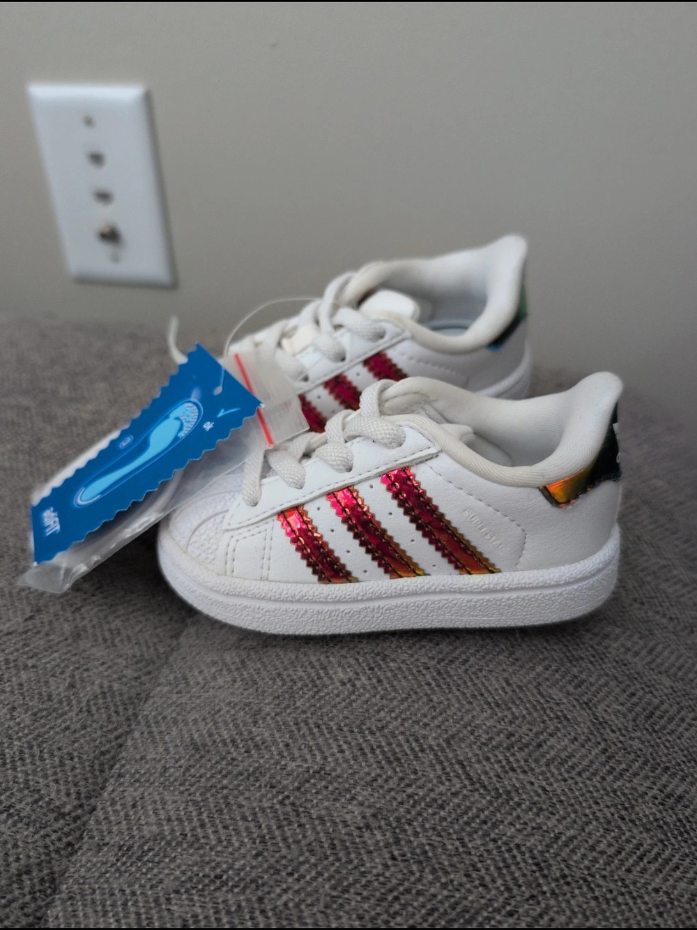 Adidas Superstar White Sneakers with Pink Metallic Stripes